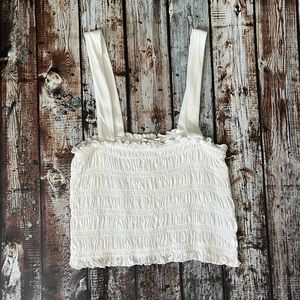American Eagle White Frill Trim Crop Shirred Tank Top